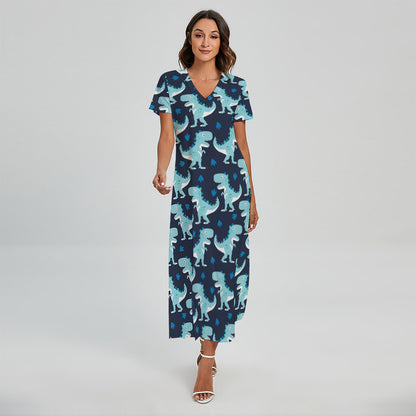 Cute Blue T-Rex Dinosaur Pattern Print Short Sleeve Maxi Dress