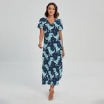 Cute Blue T-Rex Dinosaur Pattern Print Short Sleeve Maxi Dress