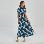 Cute Blue T-Rex Dinosaur Pattern Print Short Sleeve Maxi Dress