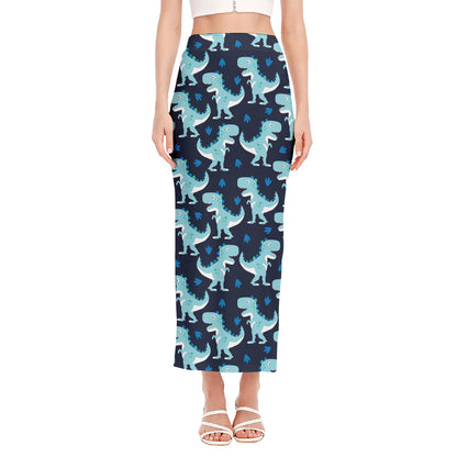 Cute Blue T-Rex Dinosaur Pattern Print Side Slit Maxi Skirt