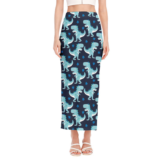 Cute Blue T-Rex Dinosaur Pattern Print Side Slit Maxi Skirt