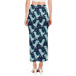 Cute Blue T-Rex Dinosaur Pattern Print Side Slit Maxi Skirt