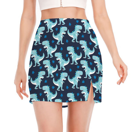 Cute Blue T-Rex Dinosaur Pattern Print Side Slit Mini Skirt
