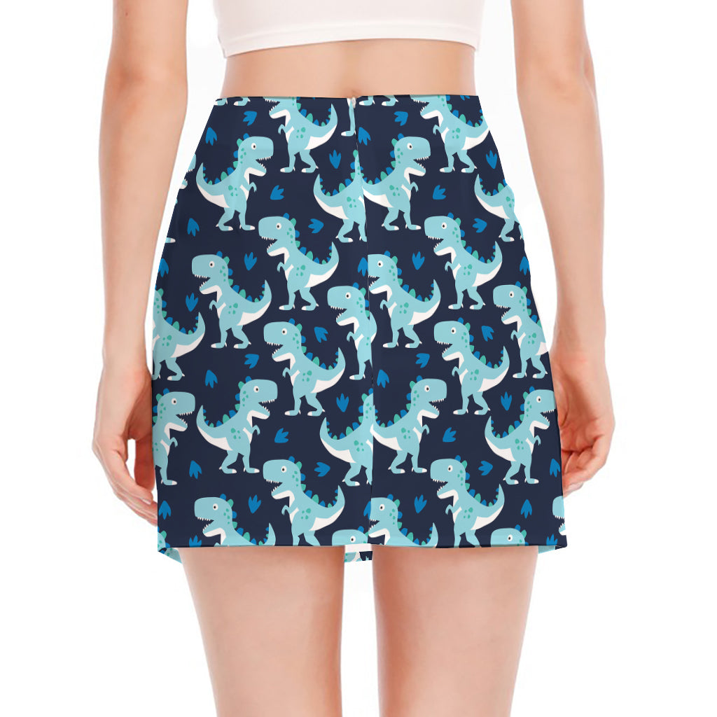 Cute Blue T-Rex Dinosaur Pattern Print Side Slit Mini Skirt