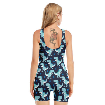Cute Blue T-Rex Dinosaur Pattern Print Sleeveless One Piece Swimsuit