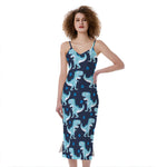 Cute Blue T-Rex Dinosaur Pattern Print Slim Fit Midi Cami Dress