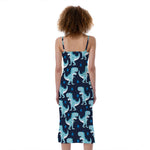Cute Blue T-Rex Dinosaur Pattern Print Slim Fit Midi Cami Dress