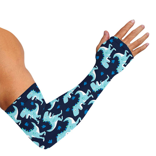 Cute Blue T-Rex Dinosaur Pattern Print Sun Protection Arm Sleeves