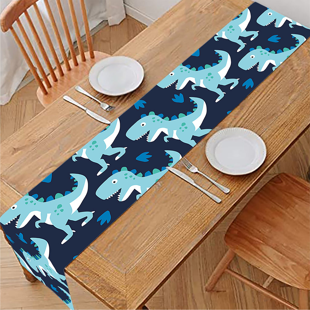 Cute Blue T-Rex Dinosaur Pattern Print Table Runner