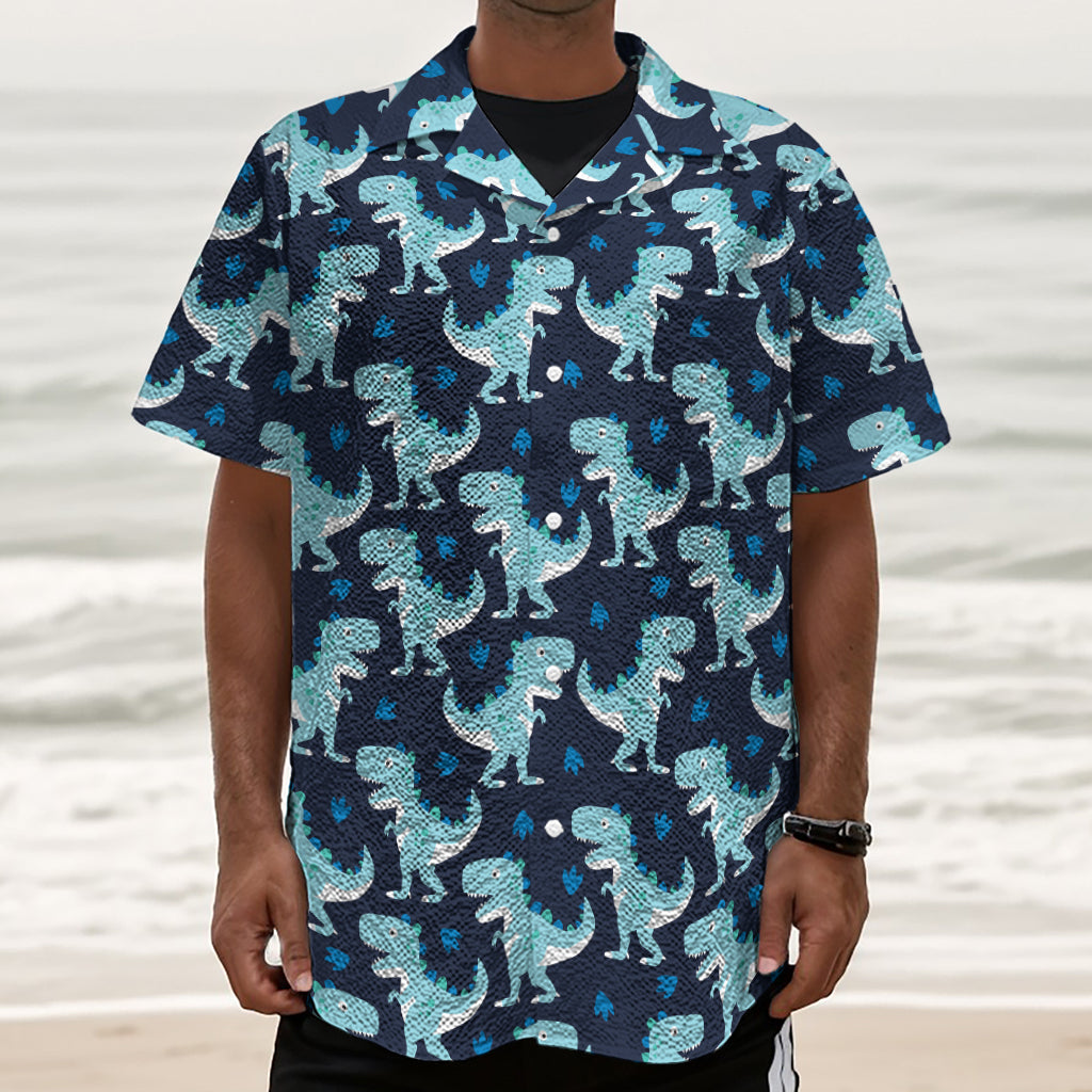 Cute Blue T-Rex Dinosaur Pattern Print Textured Short Sleeve Shirt