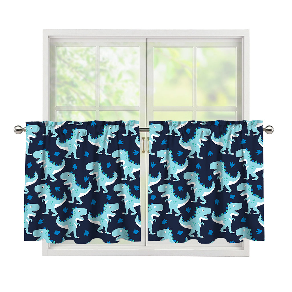 Cute Blue T-Rex Dinosaur Pattern Print Tier Curtains