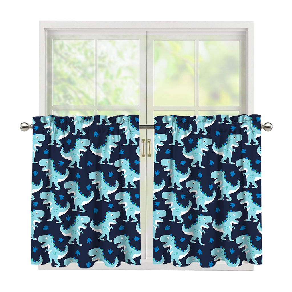 Cute Blue T-Rex Dinosaur Pattern Print Tier Curtains