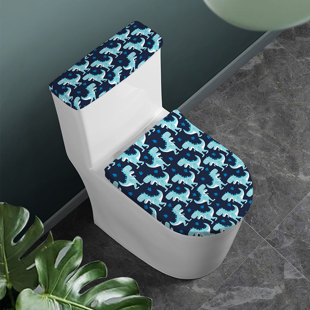 Cute Blue T-Rex Dinosaur Pattern Print Toilet Lid And Tank Cover Set