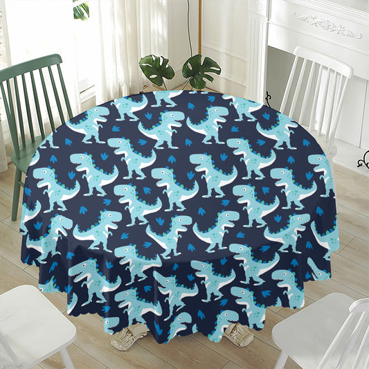Cute Blue T-Rex Dinosaur Pattern Print Waterproof Round Tablecloth