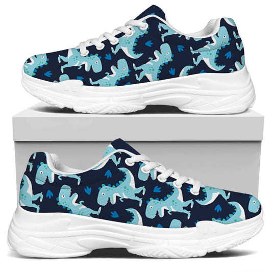 Cute Blue T-Rex Dinosaur Pattern Print White Chunky Shoes