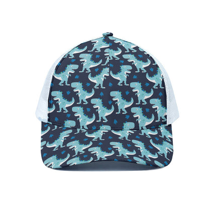 Cute Blue T-Rex Dinosaur Pattern Print White Mesh Trucker Cap