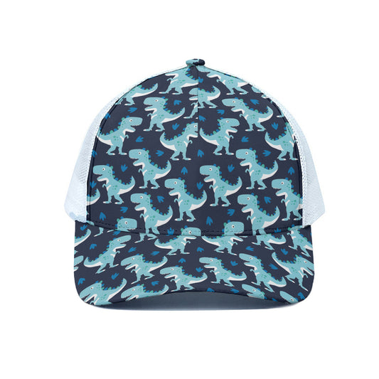 Cute Blue T-Rex Dinosaur Pattern Print White Mesh Trucker Cap