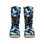 Cute Blue T-Rex Dinosaur Pattern Print Winter Boots