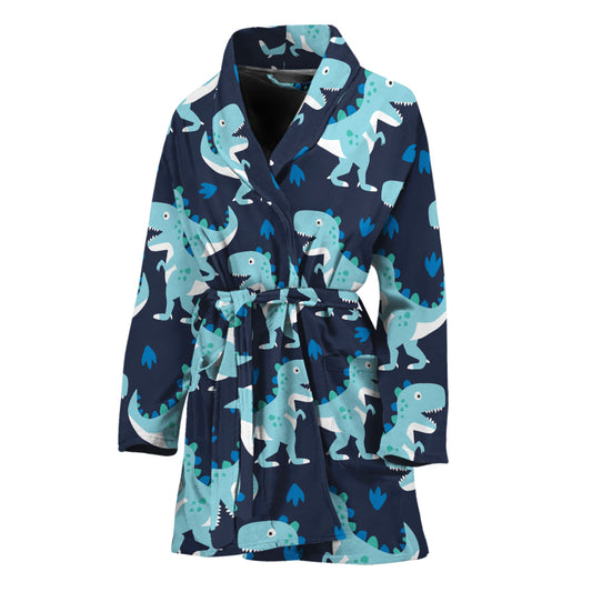 Cute Blue T-Rex Dinosaur Pattern Print Women's Bathrobe