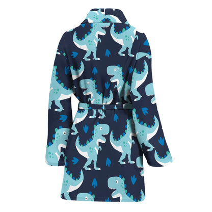 Cute Blue T-Rex Dinosaur Pattern Print Women's Bathrobe