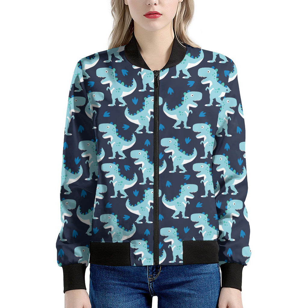 Cute Blue T-Rex Dinosaur Pattern Print Women's Bomber Jacket