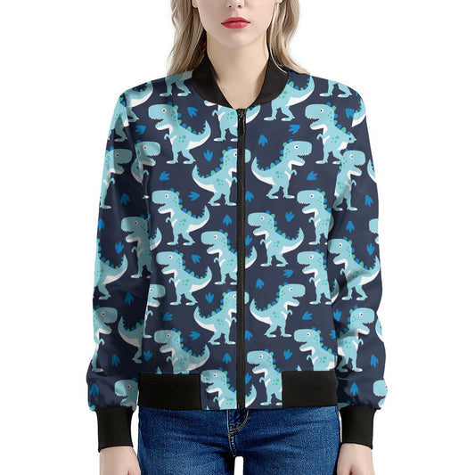 Cute Blue T-Rex Dinosaur Pattern Print Women's Bomber Jacket