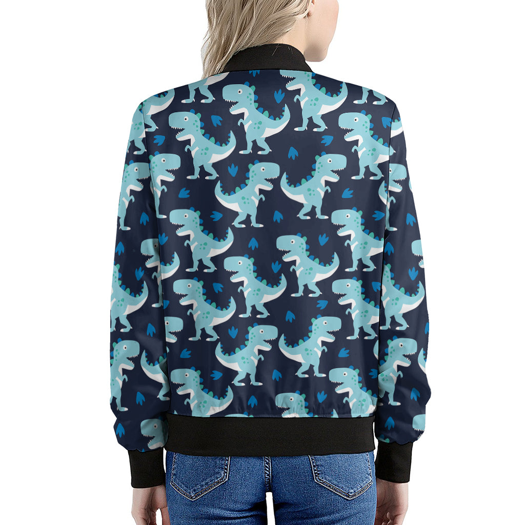 Cute Blue T-Rex Dinosaur Pattern Print Women's Bomber Jacket