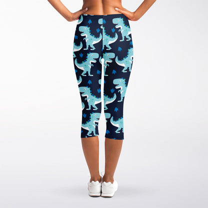 Cute Blue T-Rex Dinosaur Pattern Print Women's Capri Leggings