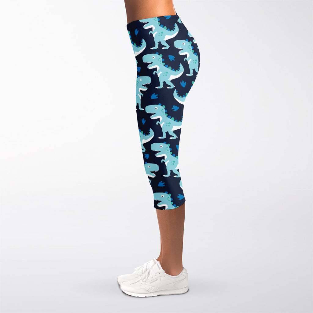 Cute Blue T-Rex Dinosaur Pattern Print Women's Capri Leggings