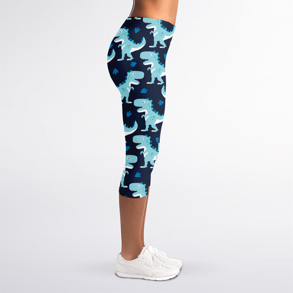 Cute Blue T-Rex Dinosaur Pattern Print Women's Capri Leggings