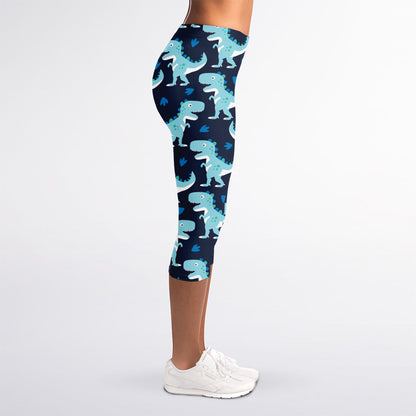 Cute Blue T-Rex Dinosaur Pattern Print Women's Capri Leggings