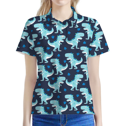 Cute Blue T-Rex Dinosaur Pattern Print Women's Polo Shirt