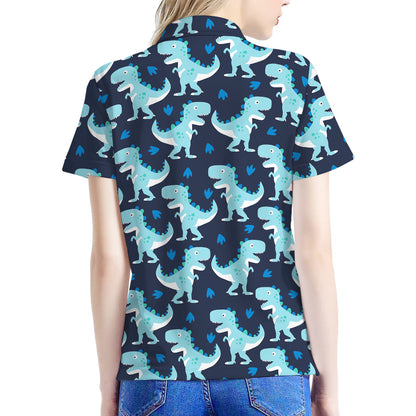 Cute Blue T-Rex Dinosaur Pattern Print Women's Polo Shirt