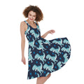 Cute Blue T-Rex Dinosaur Pattern Print Sleeveless Knee Length Dress