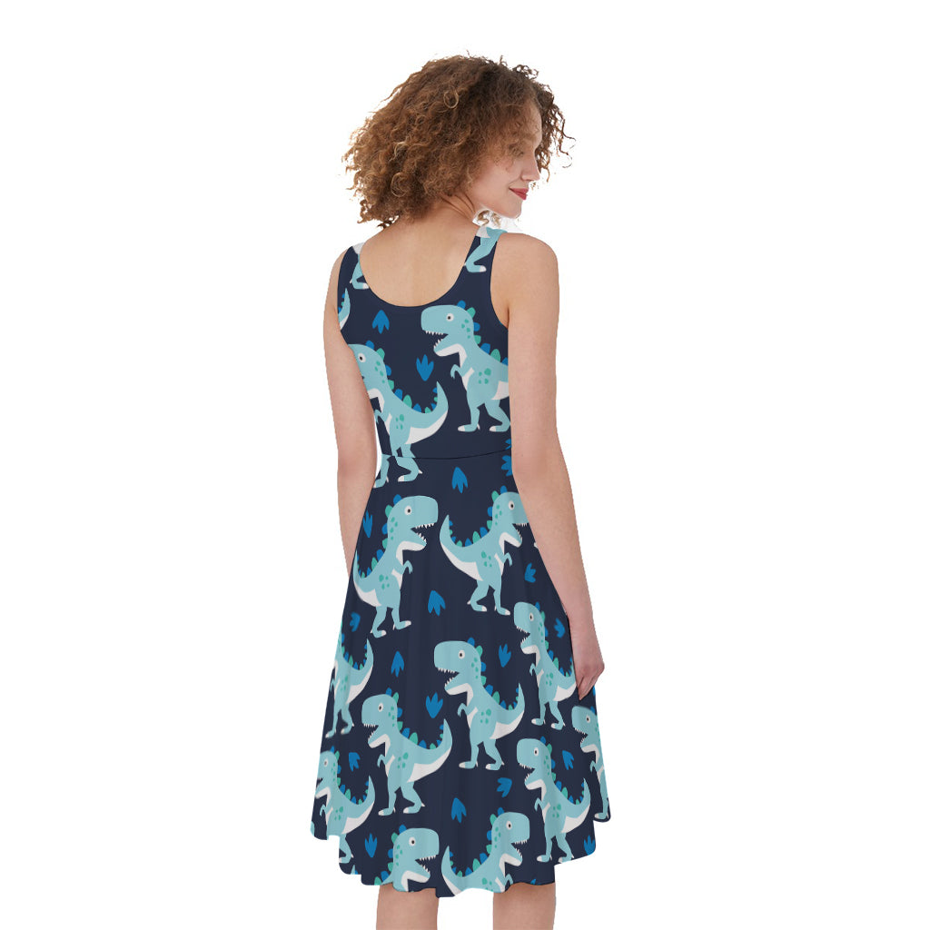 Cute Blue T-Rex Dinosaur Pattern Print Women's Sleeveless Dress