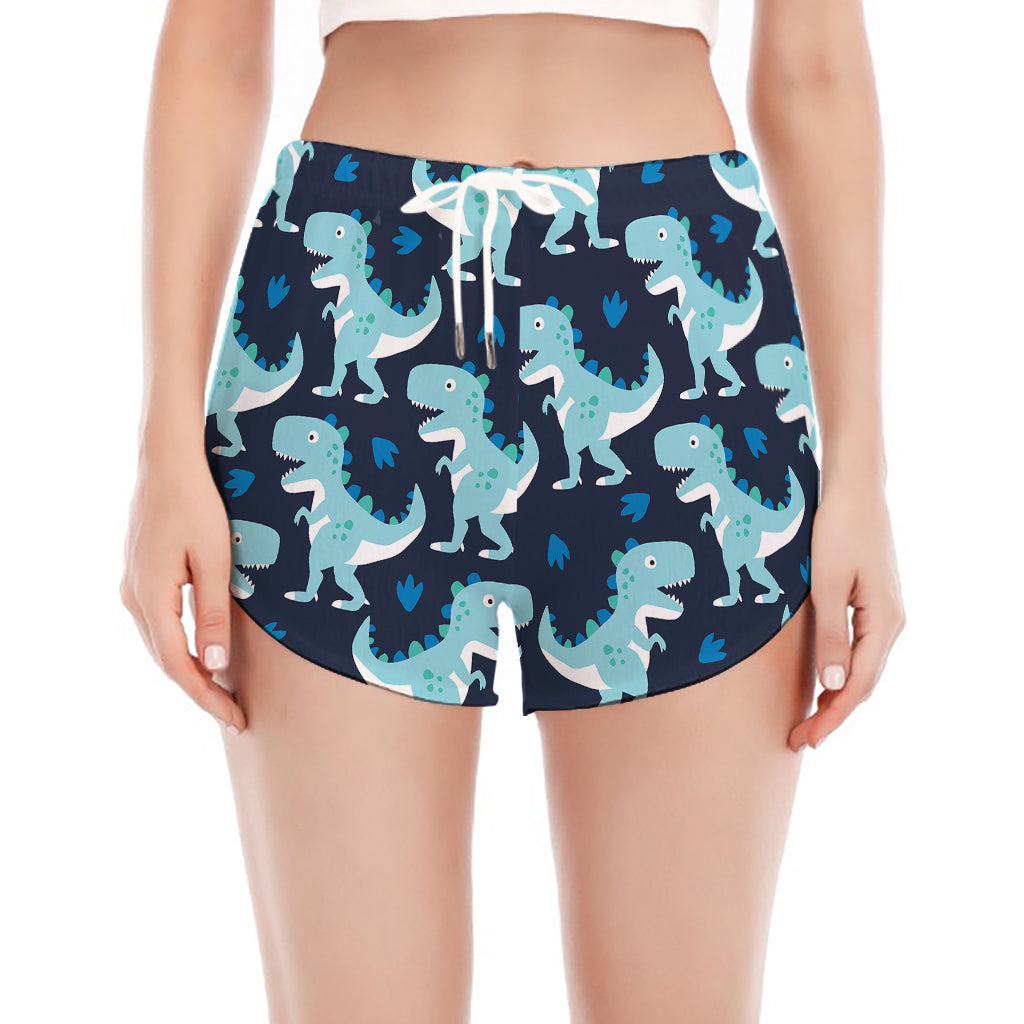 Cute Blue T-Rex Dinosaur Pattern Print Women's Split Running Shorts