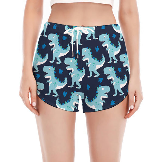 Cute Blue T-Rex Dinosaur Pattern Print Women's Split Running Shorts