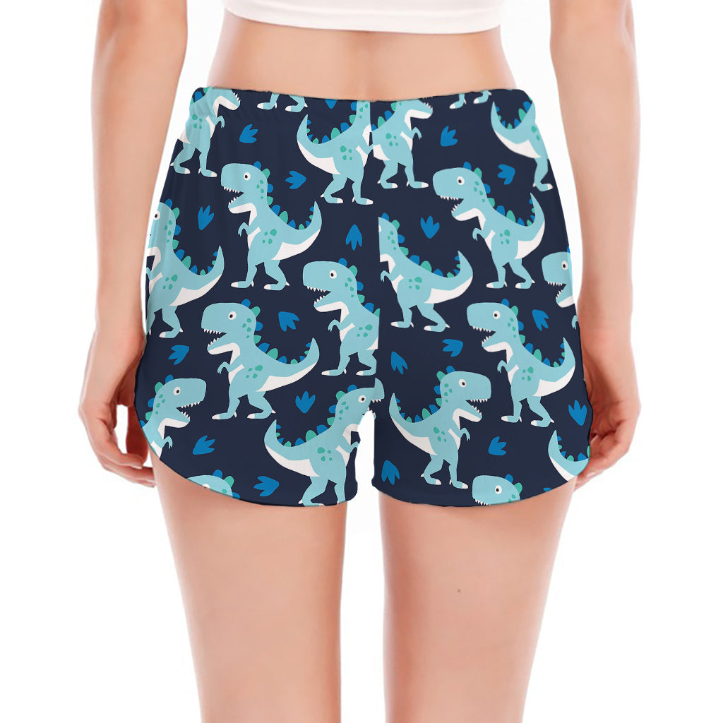 Cute Blue T-Rex Dinosaur Pattern Print Women's Split Running Shorts