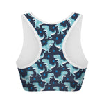Cute Blue T-Rex Dinosaur Pattern Print Women's Sports Bra