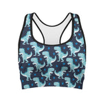 Cute Blue T-Rex Dinosaur Pattern Print Women's Sports Bra