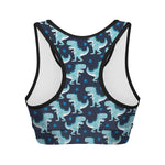 Cute Blue T-Rex Dinosaur Pattern Print Women's Sports Bra