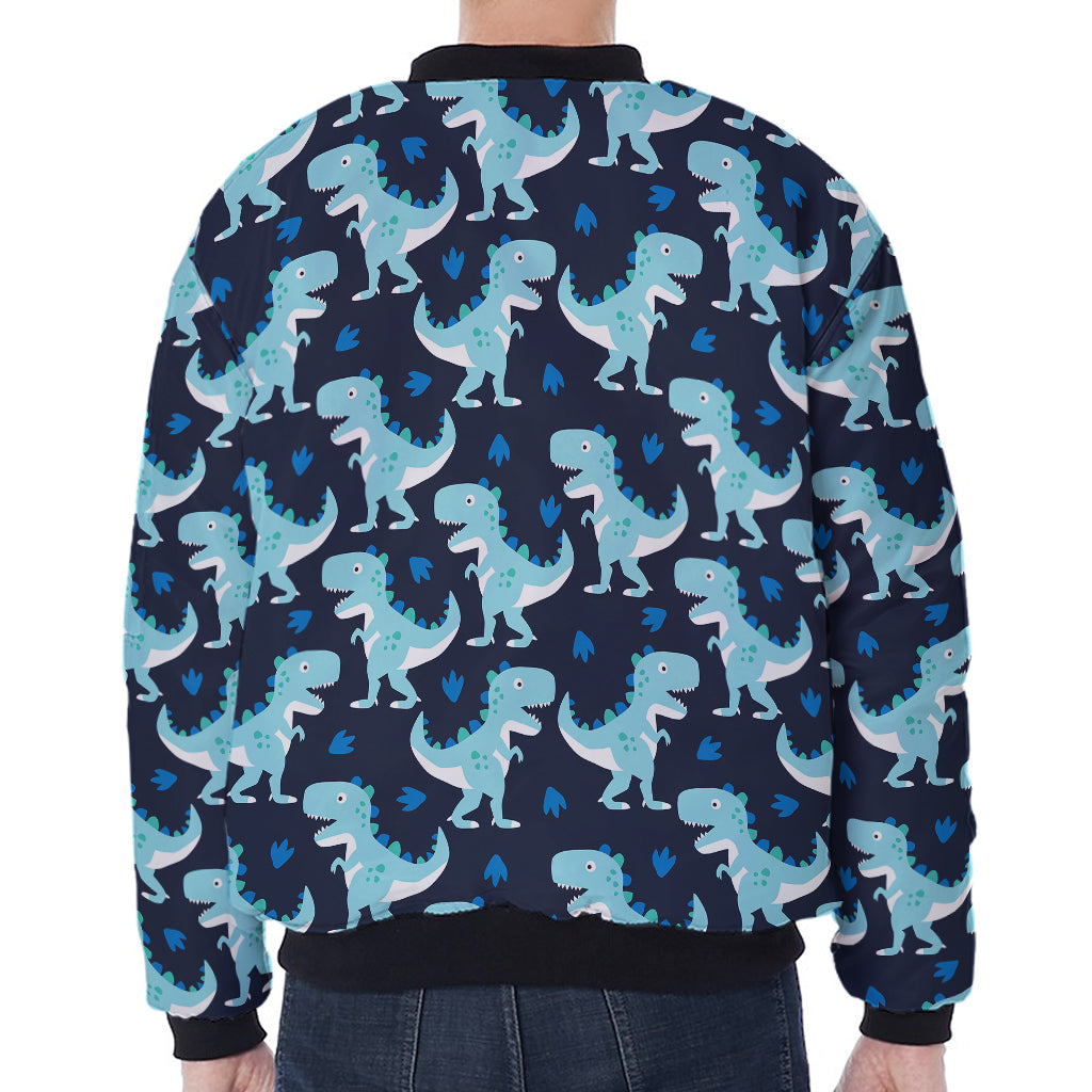Cute Blue T-Rex Dinosaur Pattern Print Zip Sleeve Bomber Jacket
