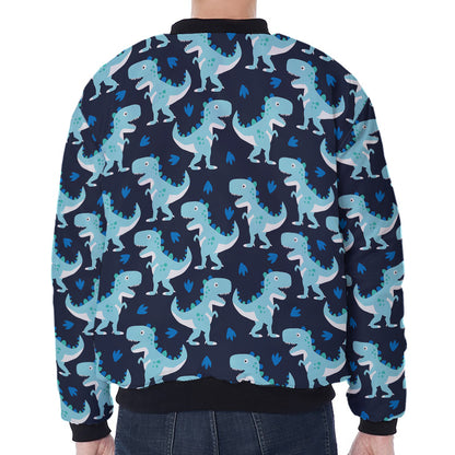Cute Blue T-Rex Dinosaur Pattern Print Zip Sleeve Bomber Jacket