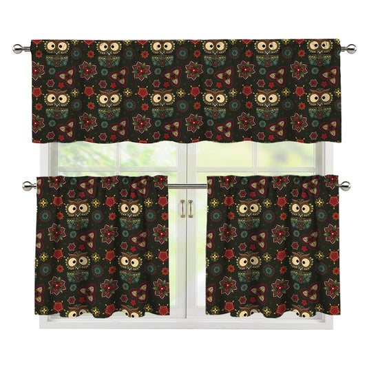 Cute Boho Owl Pattern Print 3 Piece Kitchen Curtains