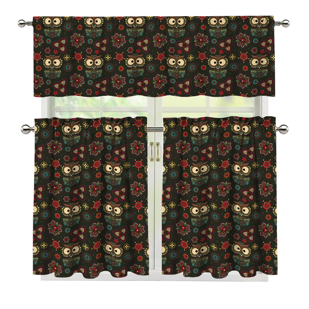 Cute Boho Owl Pattern Print 3 Piece Kitchen Curtains