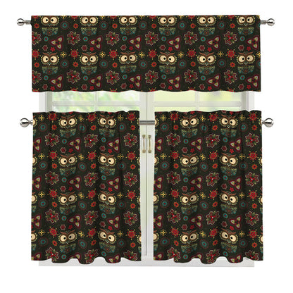 Cute Boho Owl Pattern Print 3 Piece Kitchen Curtains