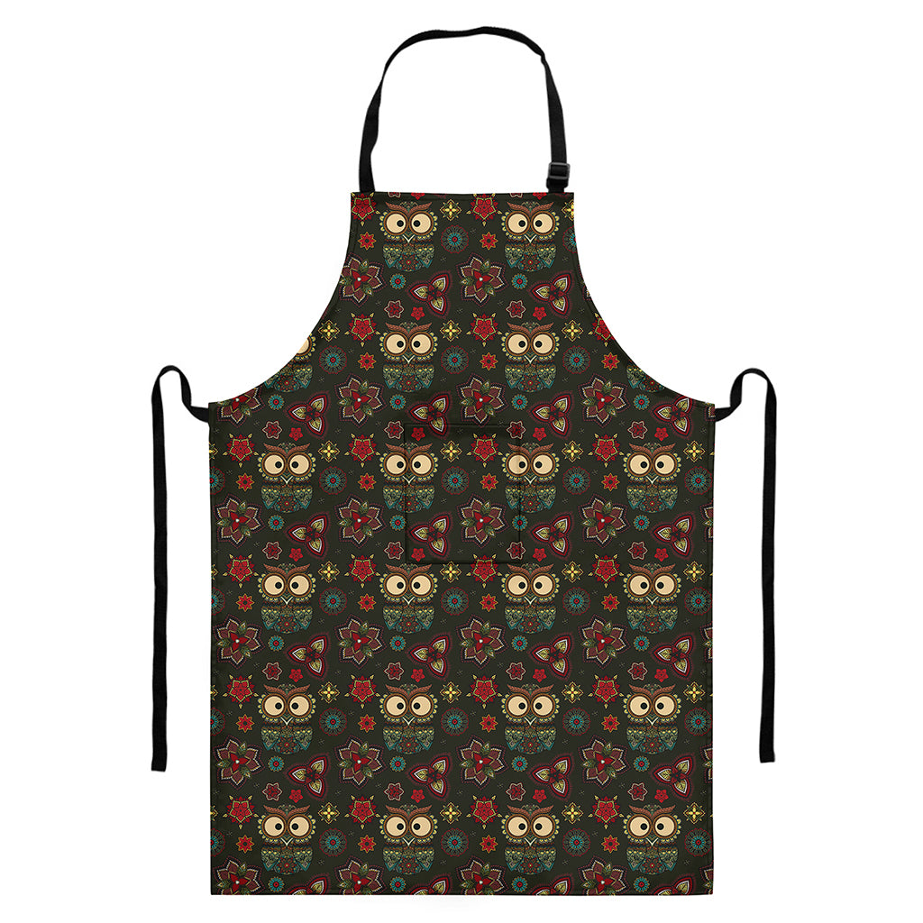 Cute Boho Owl Pattern Print Bib Apron With Pocket