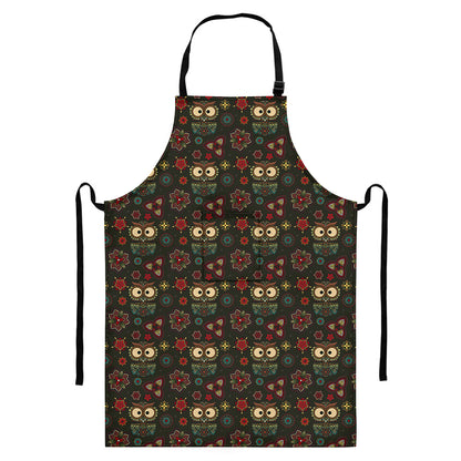 Cute Boho Owl Pattern Print Bib Apron With Pocket