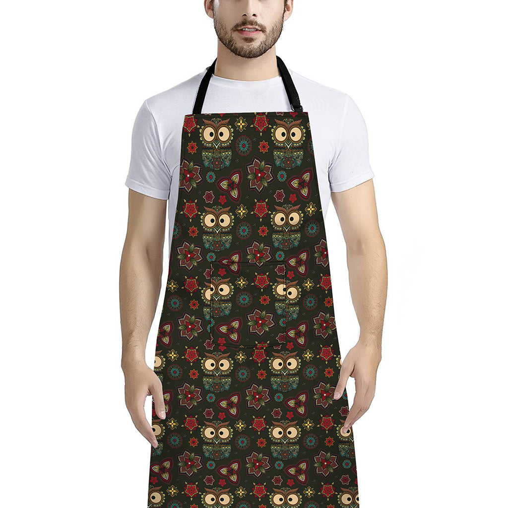 Cute Boho Owl Pattern Print Bib Apron With Pocket
