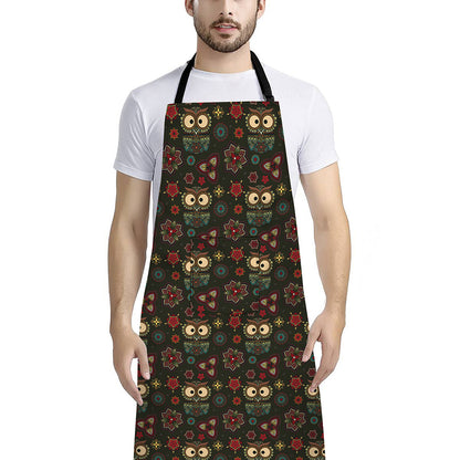 Cute Boho Owl Pattern Print Bib Apron With Pocket